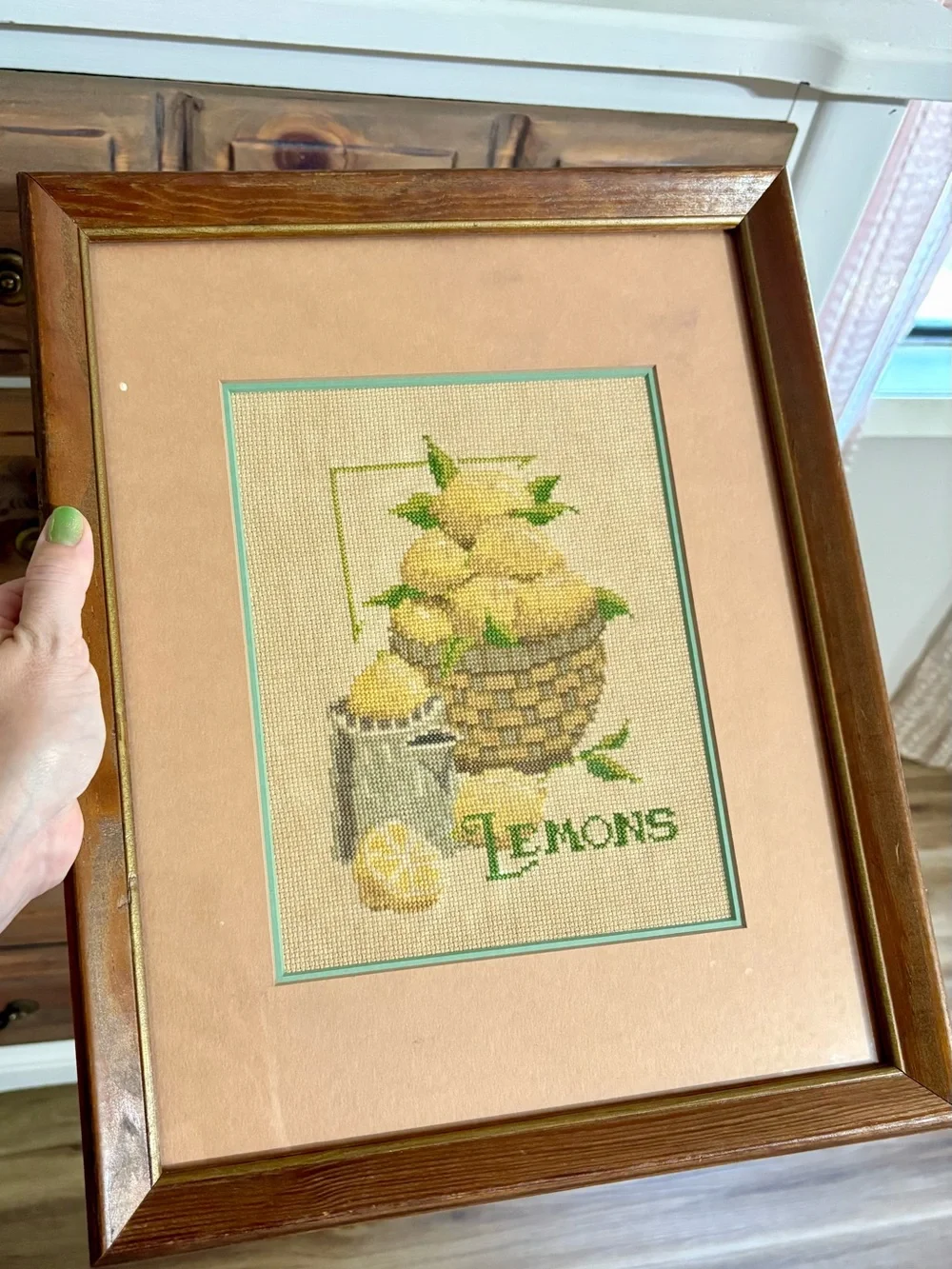 Vintage Lemon Basket Cross-Stitch Wall Art - Yellow, Green, Brown